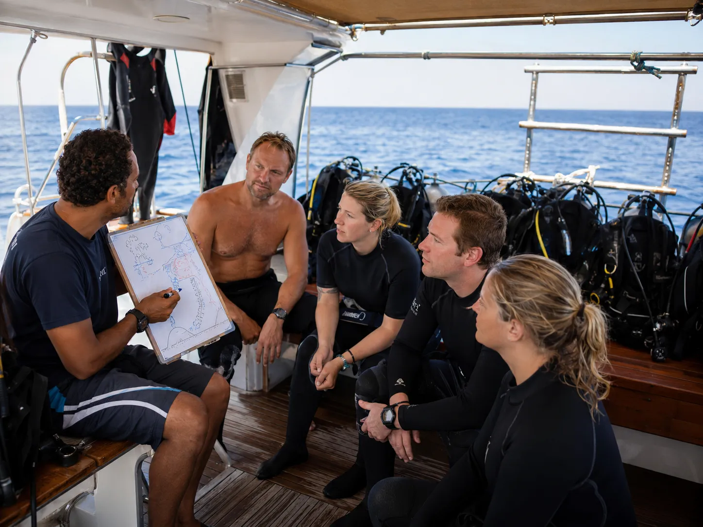 Hurghada dive instructors giving a briefing before a Red Sea boat dive